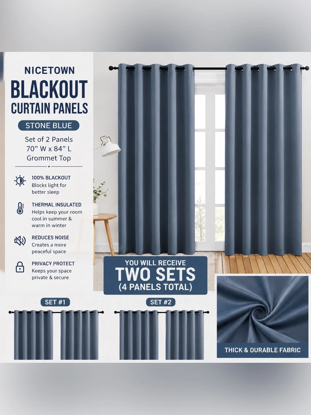 NICETOWN Stone Blue Blackout Curtain Panels – 2 Sets (4 Panels Total) 70” x 84”